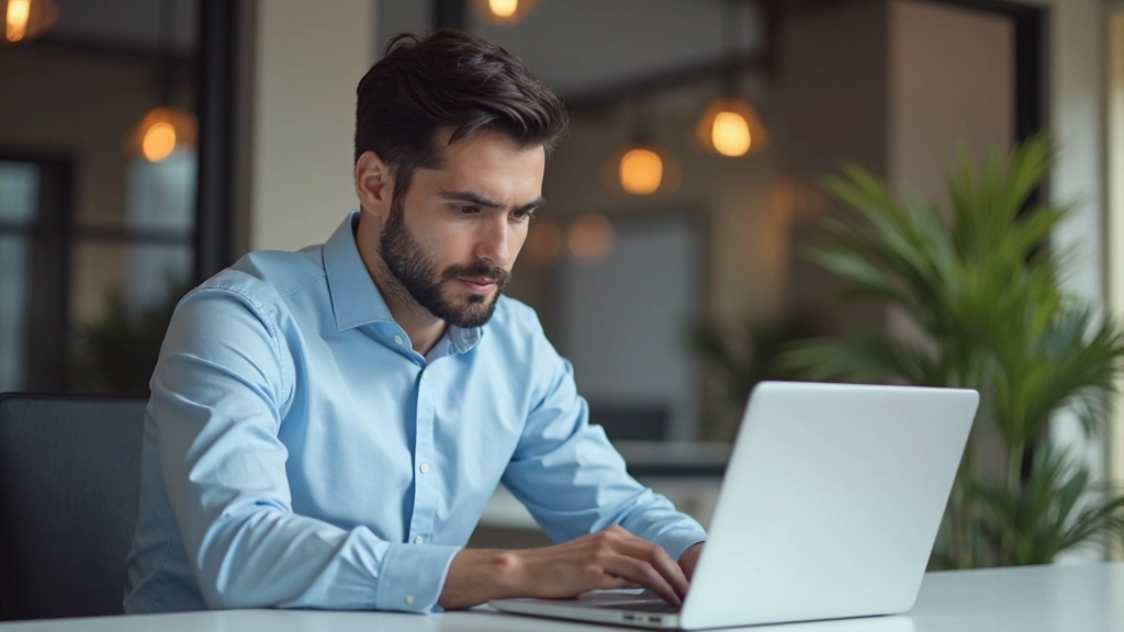 Молодой профессионал изучает возможности карьерного развития на компьютере в офисе