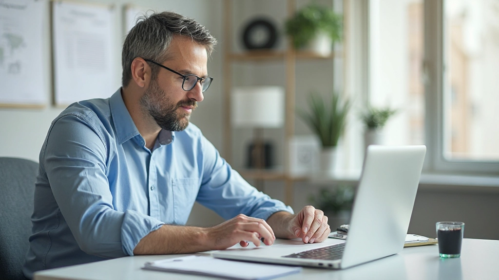 Профессионал работает на ноутбуке в современном офисе, повышая квалификацию через онлайн-курсы